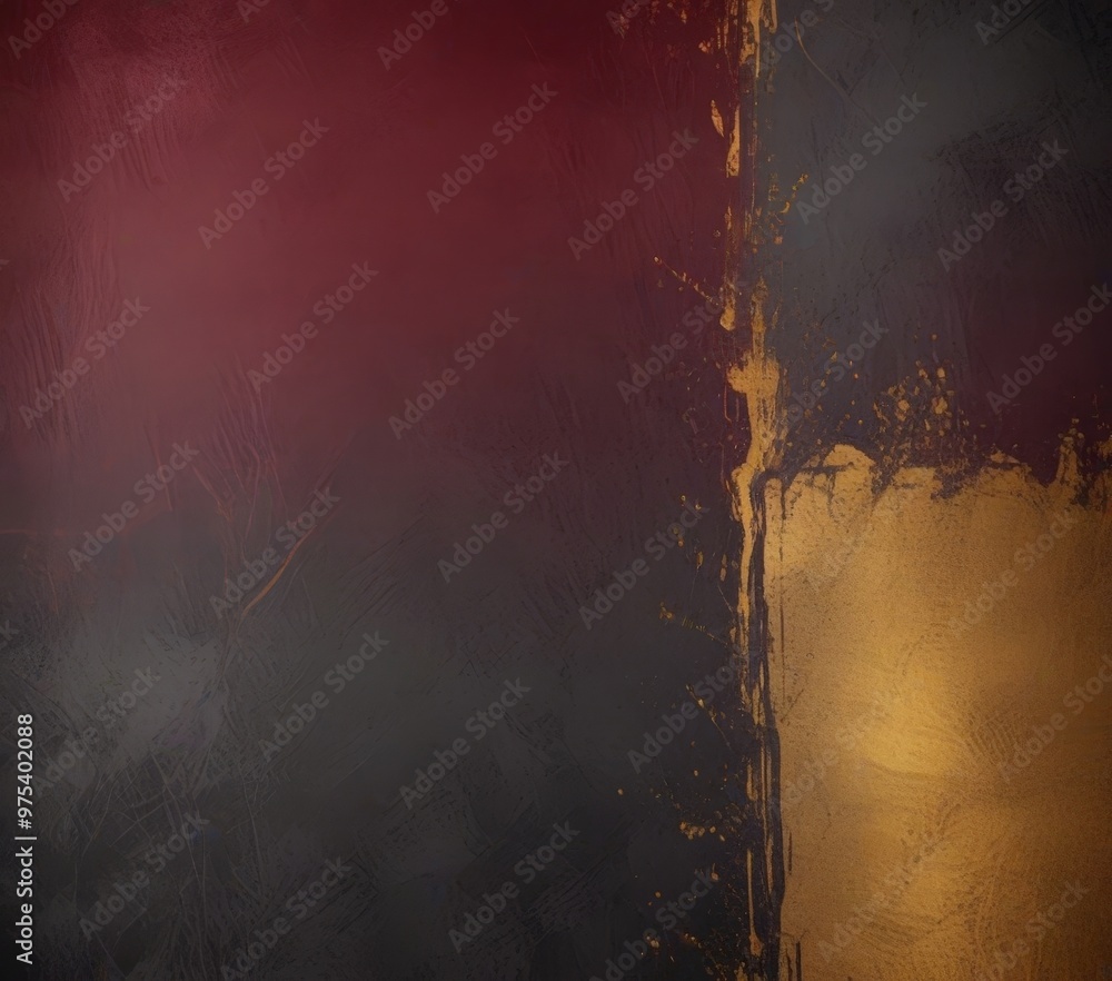 Fototapeta premium Abstract painting with a dark red background and a gold accent on the right side.