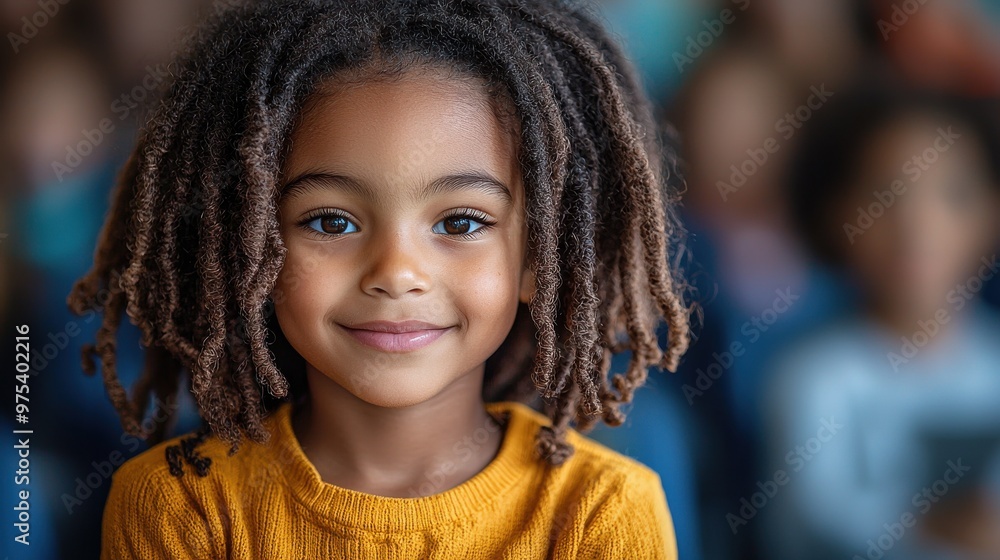 Smiling young girl with dreadlocks in a classroom during a sunny afternoon, engaging with classmates and ready to learn Smiling young girl with dreadlocks in a classroom during a sunny afternoon, engaging with classmates and ready to learn