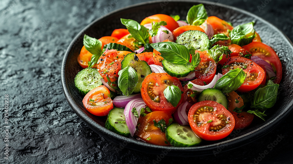 Fresh tomato and cucumber salad with herbs in a black bowl. Fresh tomato and cucumber salad with herbs in a black bowl.