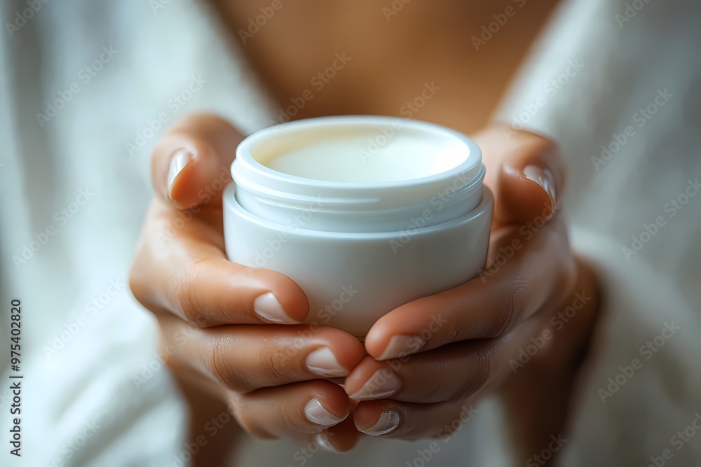A woman's hands holding a jar with cream, a skin care product close-up. A woman's hands holding a jar with cream, a skin care product close-up.