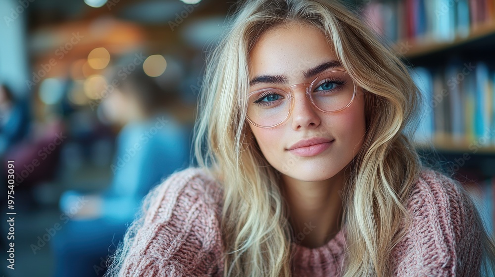 A young woman with glasses smiles warmly while studying in a cozy library filled with books during the afternoon A young woman with glasses smiles warmly while studying in a cozy library filled with books during the afternoon