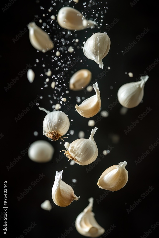 Falling garlic, isolated on dark background Falling garlic, isolated on dark background
