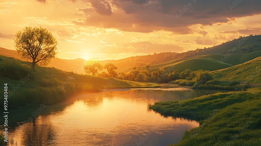 A serene scene of gentle hills and a peaceful river bathed in a warm sunset inspires calm and contemplation. A serene scene of gentle hills and a peaceful river bathed in a warm sunset inspires calm and contemplation.