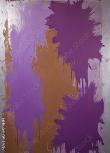 Abstract painting featuring splashes of purple and orange paint on a white background.