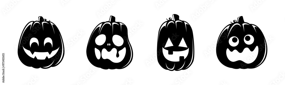 Obraz premium Jack O Lantern Silhouette Set. Cute Creepy Spooky Halloween Pumpkin Fall Autumn Sticker Print Illustration.