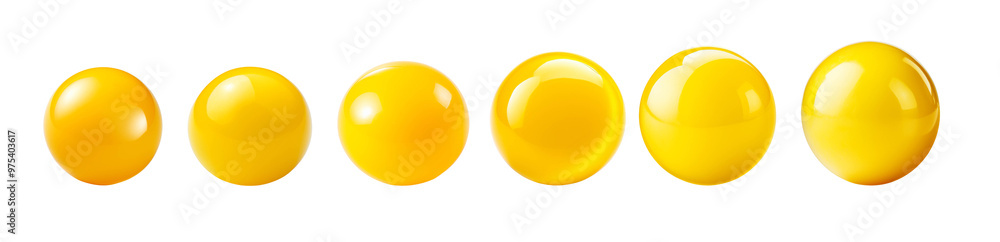 Row of six glossy yellow spheres arranged in a gradient against a white background, showcasing geometric design and bright color. Row of six glossy yellow spheres arranged in a gradient against a white background, showcasing geometric design and bright color.