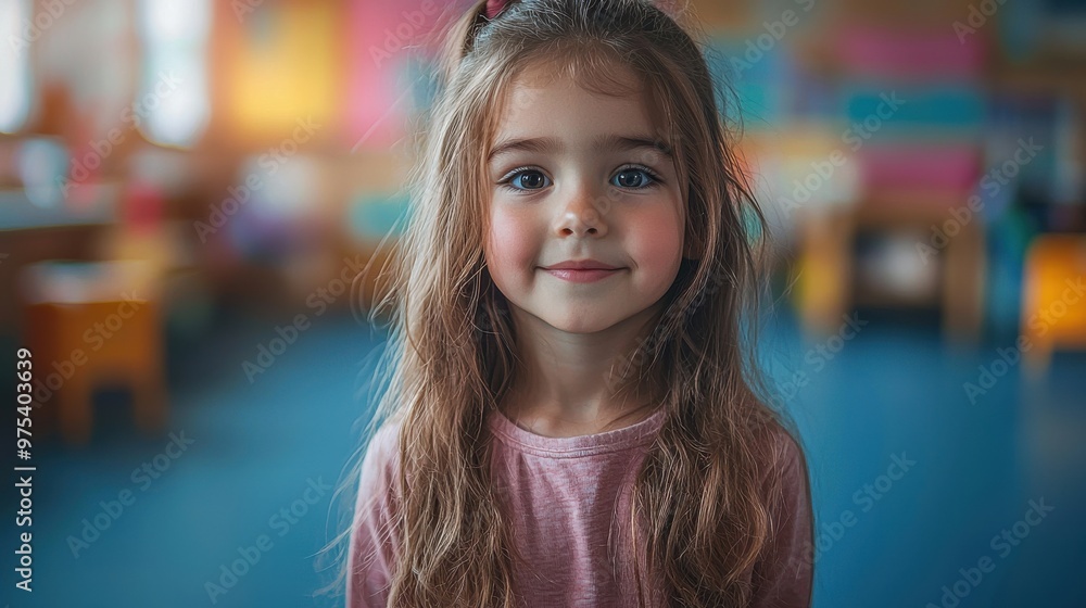 Young girl with long hair smiles warmly in a colorful classroom during morning activities, showcasing a joyful learning atmosphere Young girl with long hair smiles warmly in a colorful classroom during morning activities, showcasing a joyful learning atmosphere