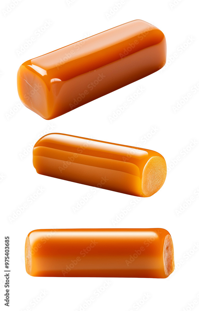 Three caramel sticks isolated on a white background, showcasing different angles and textures of the candy. Three caramel sticks isolated on a white background, showcasing different angles and textures of the candy.