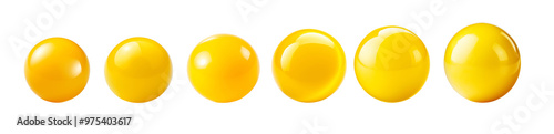 Row of six glossy yellow spheres arranged in a gradient against a white background, showcasing geometric design and bright color.