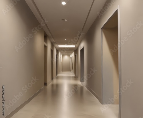 A long, dimly lit hallway with recessed lighting and a polished, reflective floor.