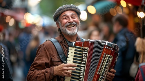 An enthusiastic accordionist captivates the audience at a vibrant street festival with captivating melodies and skillful gestures. photo