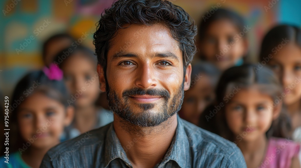 Smiling teacher surrounded by young students in a colorful classroom setting during the daytime Smiling teacher surrounded by young students in a colorful classroom setting during the daytime