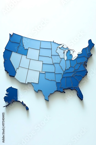 3D blue map of the United States displaying all states with a focus on geographical boundaries and regions on a white background. photo