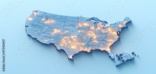 3D map of the United States highlighting major cities with bright lights, depicting connectivity and urbanization. #975404417