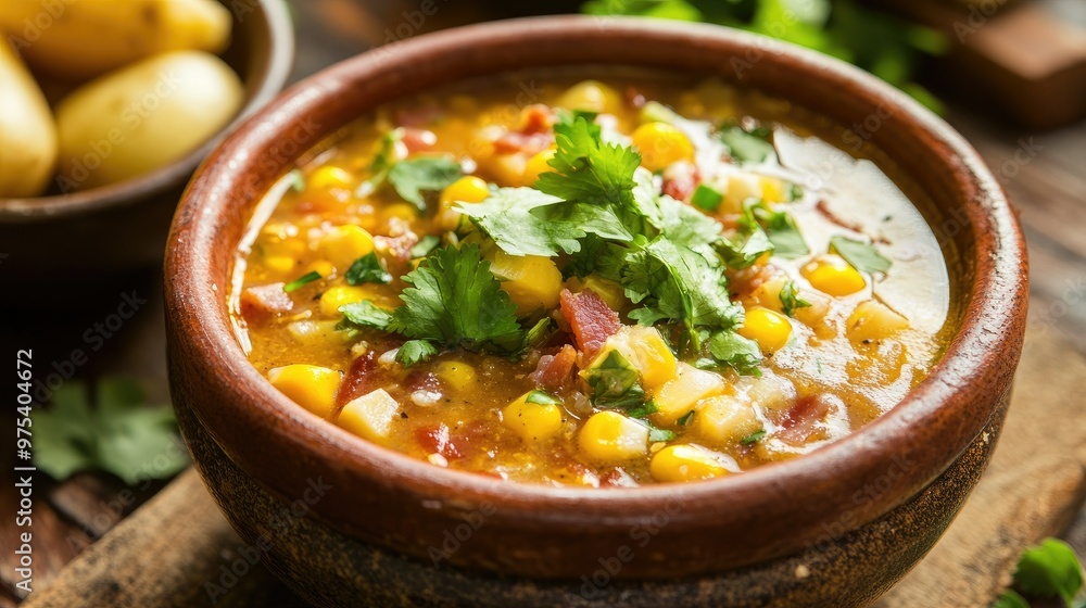 A vibrant corn chowder with chunks of corn, potatoes, and crispy bacon, garnished with fresh cilantro and served in a rustic bowl. A vibrant corn chowder with chunks of corn, potatoes, and crispy bacon, garnished with fresh cilantro and served in a rustic bowl.