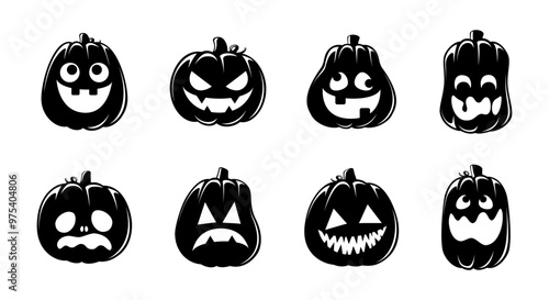 Jack O Lantern Silhouette Set. Cute Creepy Spooky Halloween Pumpkin Fall Autumn Sticker Print Illustration.