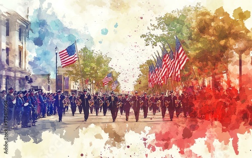 Watercolor painting of a patriotic parade featuring American flags, marching band, and spectators on a street lined with trees. photo