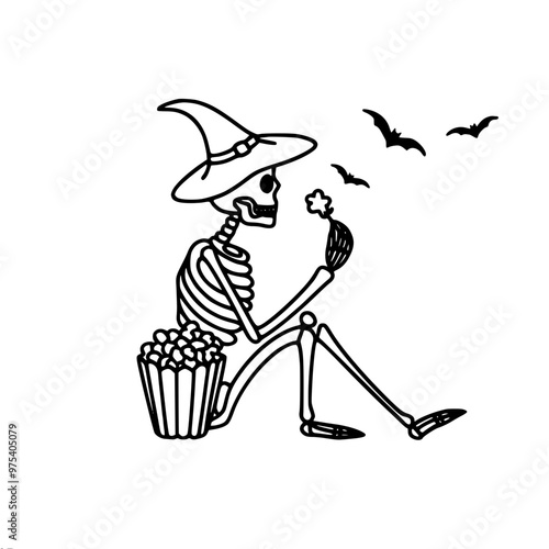 Skeleton in a witch hat sits on the floor and eats popcorn from a bucket, bats fly nearby, linear vector drawing