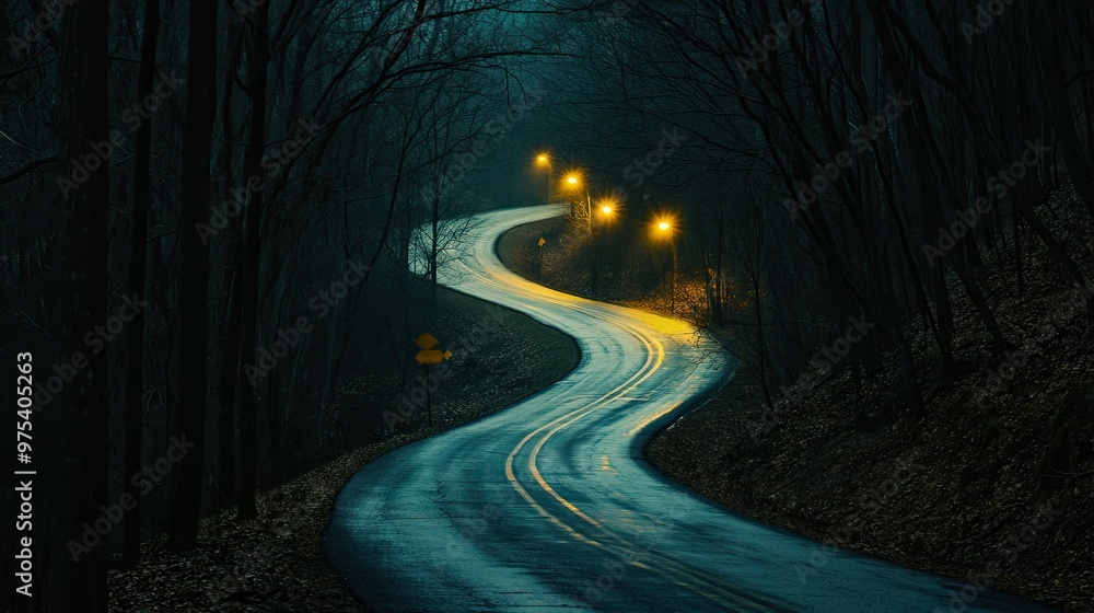 A winding road lit by yellow streetlights disappearing into the night, framed by dark woods on either side. A winding road lit by yellow streetlights disappearing into the night, framed by dark woods on either side.
