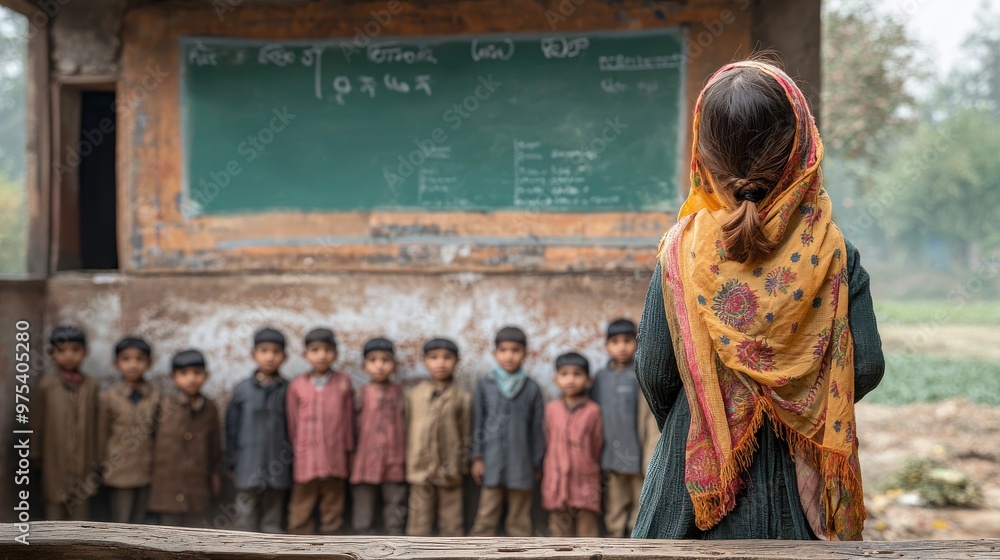 Naklejka premium A young girl watches her classmates during morning assembly in a rural classroom in the mountains