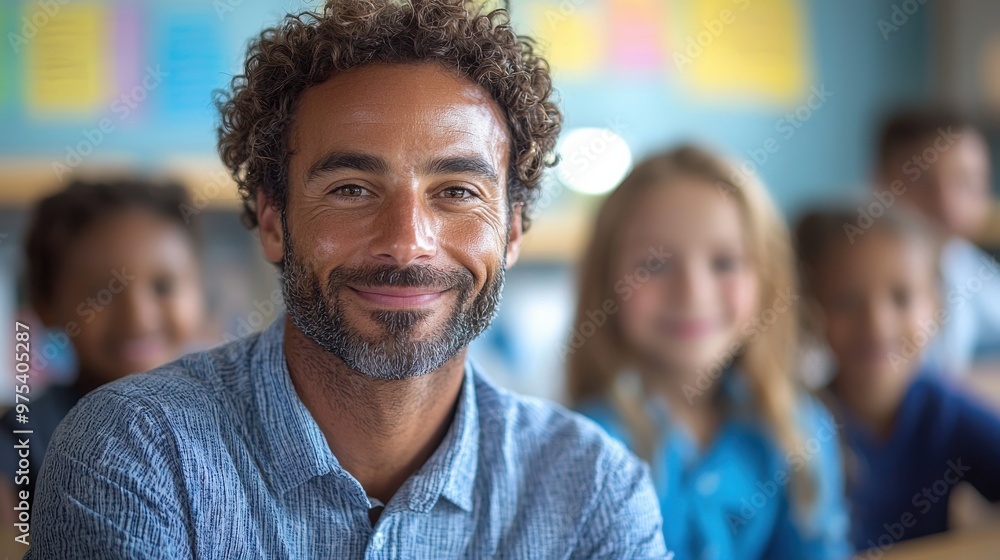 Smiling teacher engaging with young students in a colorful classroom setting during a bright morning Smiling teacher engaging with young students in a colorful classroom setting during a bright morning