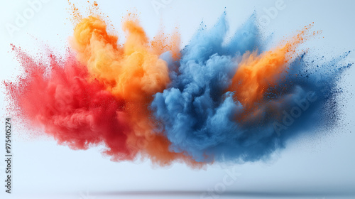 Color powder explosion. Exploding Colorful Powder Clouds. Vibrant clouds of red, orange, and blue powder exploding against a light background, creating a dynamic burst of color. photo