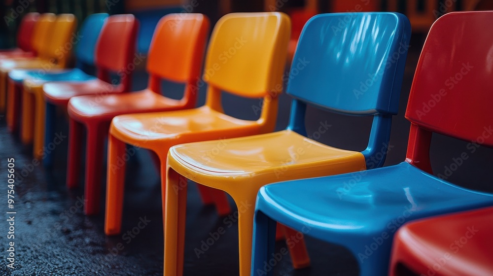 Naklejka premium Colorful plastic chairs arranged neatly in a playground on a sunny day, inviting children to play and socialize