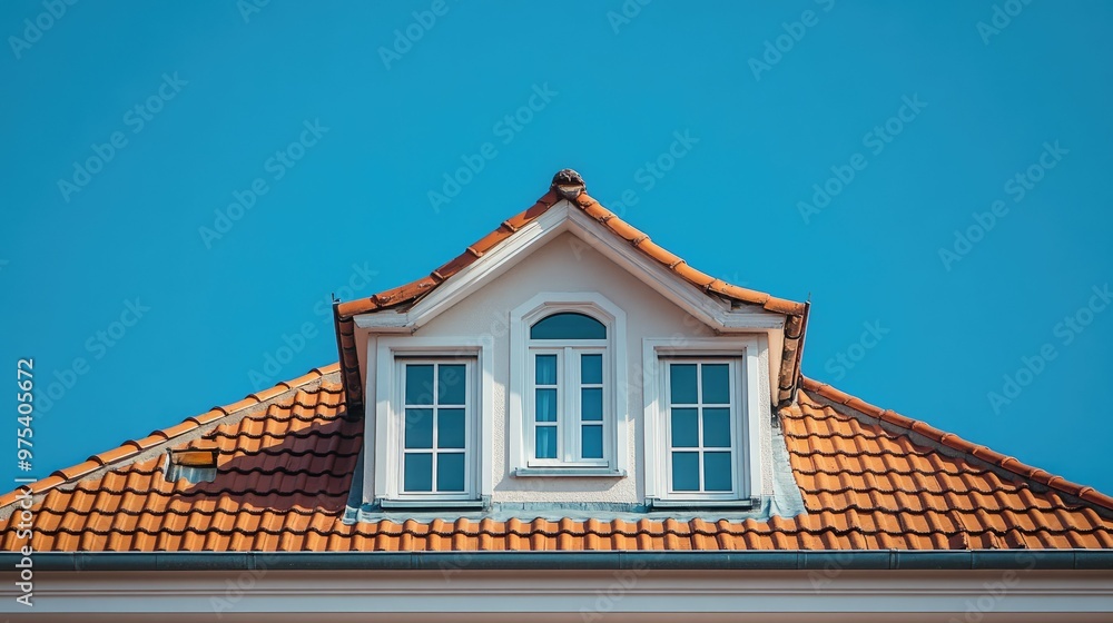 A zoomed-in shot of a classic house with a red tile roof and a white-framed dormer window, set against a cloudless blue sky.