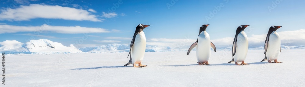 Fototapeta premium Penguins interacting on an Antarctic ice shelf with a wide-angle lens