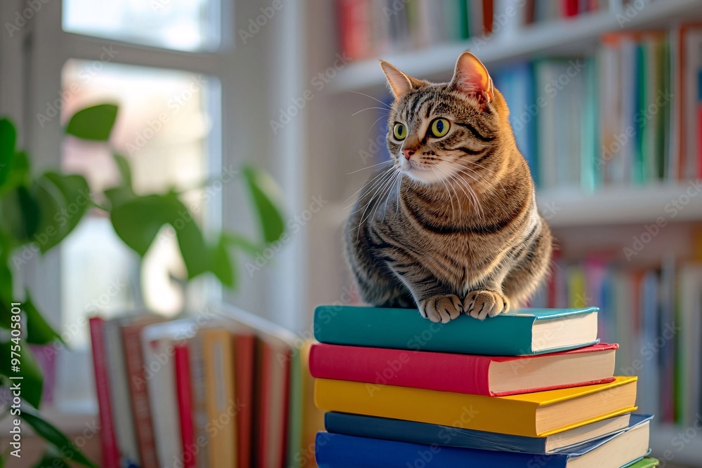 A whimsical feline playfully sits atop a vibrant pile of books, exuding charm and joy in this stunning photograph. A whimsical feline playfully sits atop a vibrant pile of books, exuding charm and joy in this stunning photograph.
