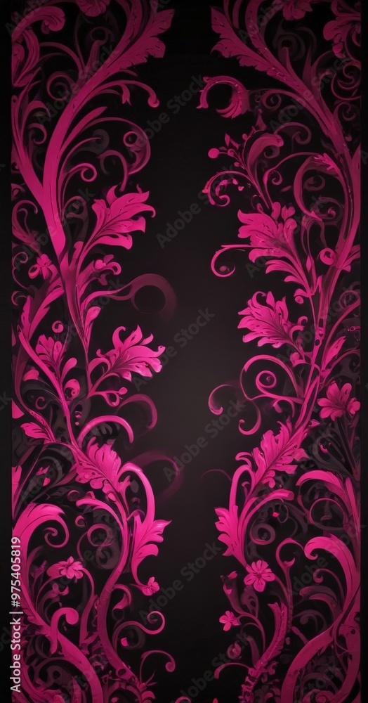 a striking black and pink floral pattern with intricate swirls and curves, creating a visually captivating and symmetrical design. a striking black and pink floral pattern with intricate swirls and curves, creating a visually captivating and symmetrical design.