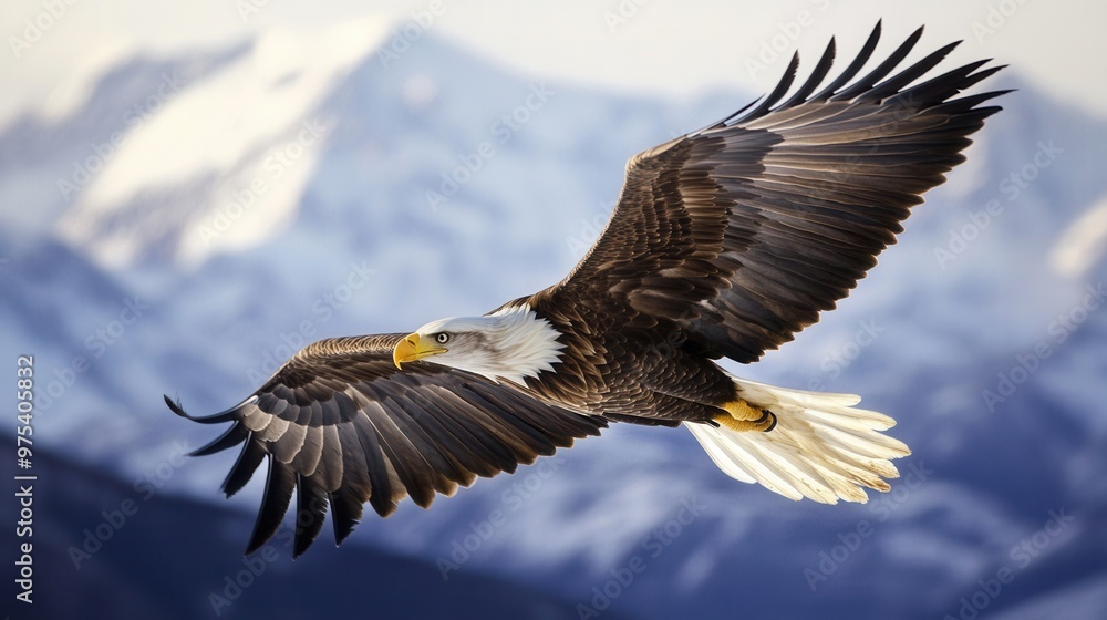 Fototapeta premium A majestic eagle soaring over a mountain landscape captured mid-flight