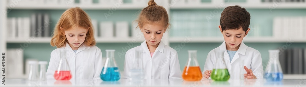 Children exploring science experiments in a lab setting with expressions of wonder Children exploring science experiments in a lab setting with expressions of wonder