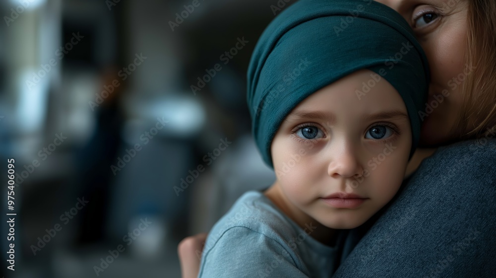 cure cancer for sad young child with blue-green headscarf and solemn expression, resting on an adult's shoulder in a dimly lit interior setting. cure cancer for sad young child with blue-green headscarf and solemn expression, resting on an adult's shoulder in a dimly lit interior setting.