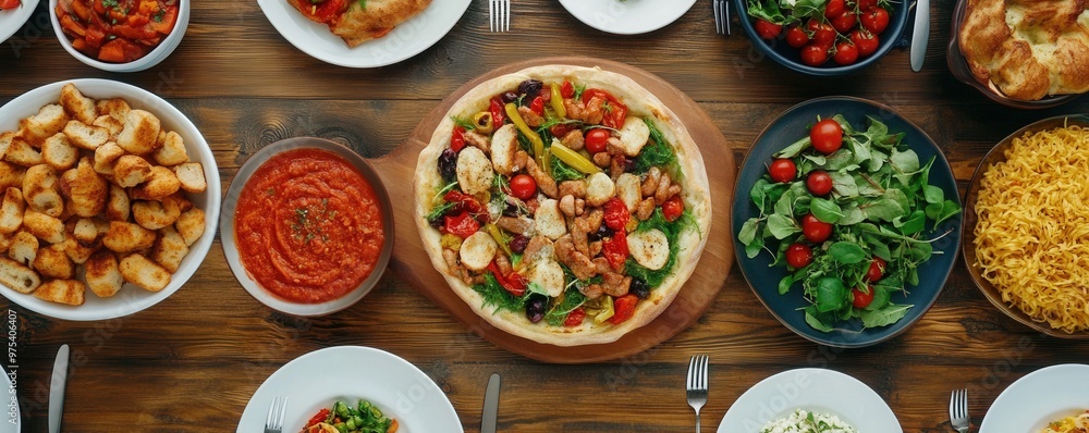 Overhead shot of a festive dinner table with diverse dishes with ample copy space Overhead shot of a festive dinner table with diverse dishes with ample copy space