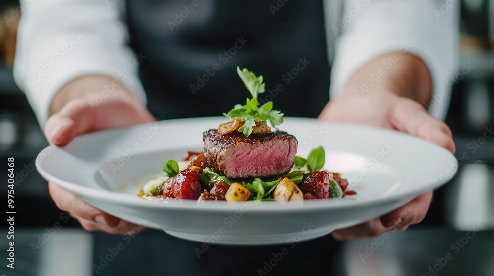 A gourmet dish artfully plated in a high-end restaurant shot with shallow depth of field