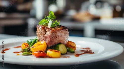 A gourmet dish artfully plated in a high-end restaurant shot with shallow depth of field