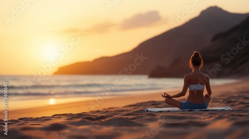 A yoga class taking place on a serene beach during sunrise with warm tones