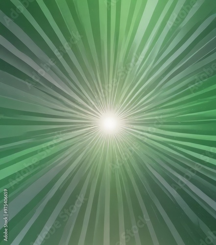 a vibrant green background with radiating lines and a bright white light at the center, creating a striking visual effect.