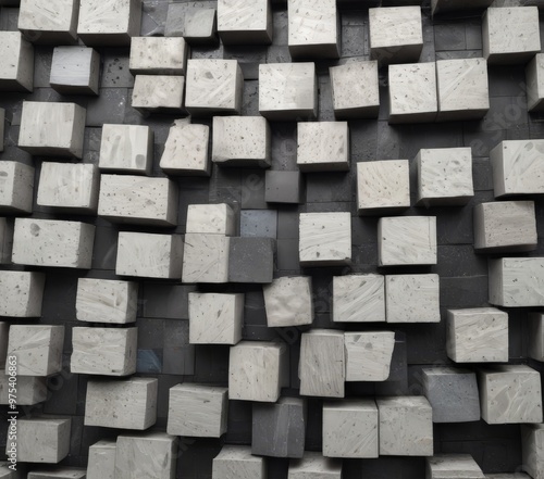 A close-up view of a wall composed of numerous gray and black cubes arranged in a grid-like pattern, creating a visually striking and textured surface.