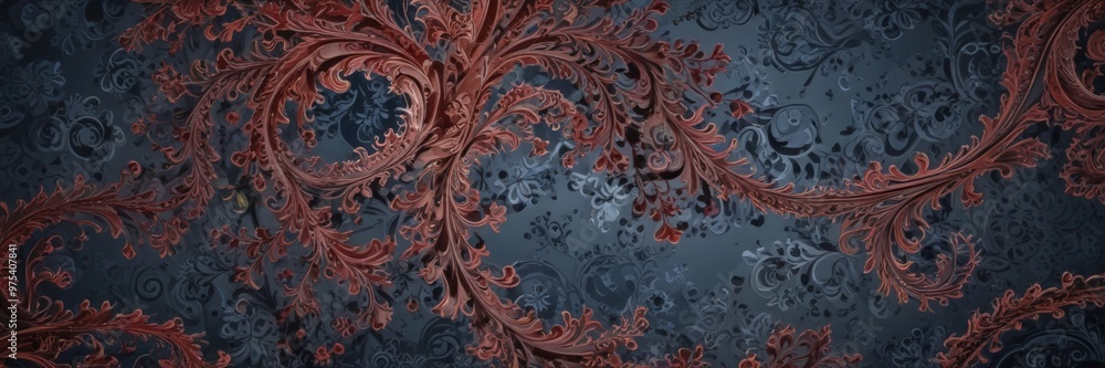 a dark blue background with a repeating pattern of red and black swirls and leaves, creating a sense of movement and depth. a dark blue background with a repeating pattern of red and black swirls and leaves, creating a sense of movement and depth.