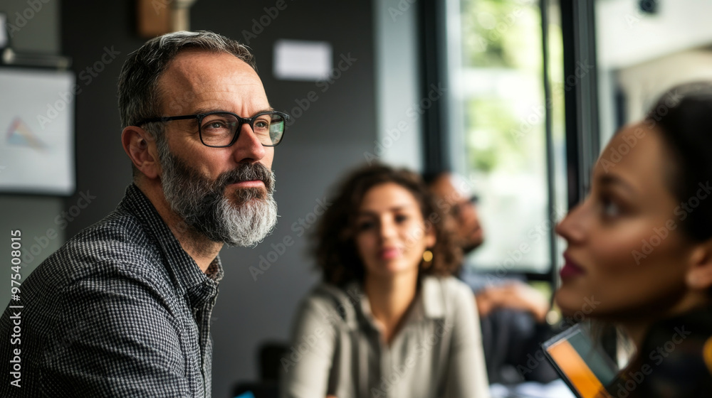 Experienced business leader offering mentorship to group of professionals, open discussion and knowledge sharing, dynamic and collaborative, Experienced business leader offering mentorship to group of professionals, open discussion and knowledge sharing, dynamic and collaborative,