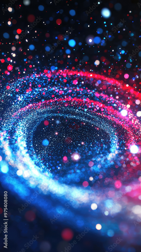 A mesmerizing swirl of glowing particles creates vibrant cosmic scene filled with red, blue, and shimmering lights. This abstract image evokes sense of wonder and depth A mesmerizing swirl of glowing particles creates vibrant cosmic scene filled with red, blue, and shimmering lights. This abstract image evokes sense of wonder and depth