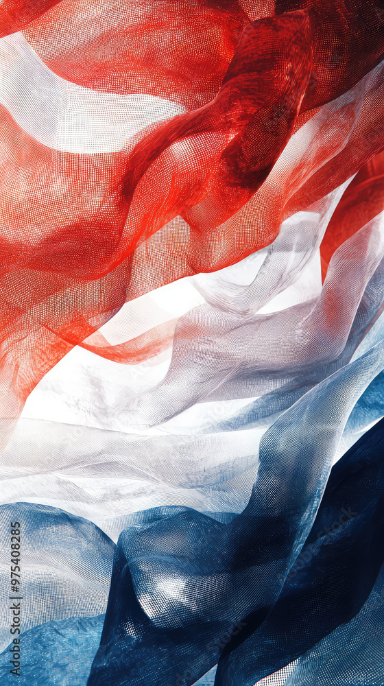 Obraz premium Flowing fabric in red, white, and blue creates an abstract layered texture, evoking sense of movement and harmony. interplay of colors symbolizes unity and diversity