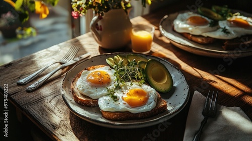 A rustic breakfast table with poached eggs on sourdough toast, garnished with microgreens and avocado slices, soft natural lighting, cozy morning scene