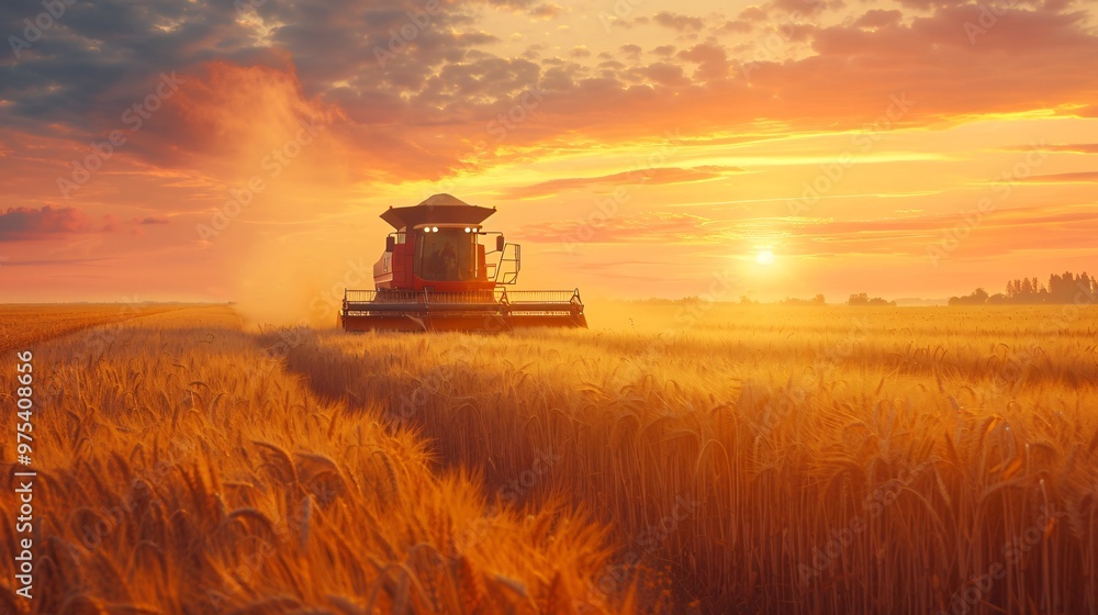 Fototapeta premium A sunset wheat harvesting in a wheat field. Ripe crop being harvested. Agriculture and cultivation.