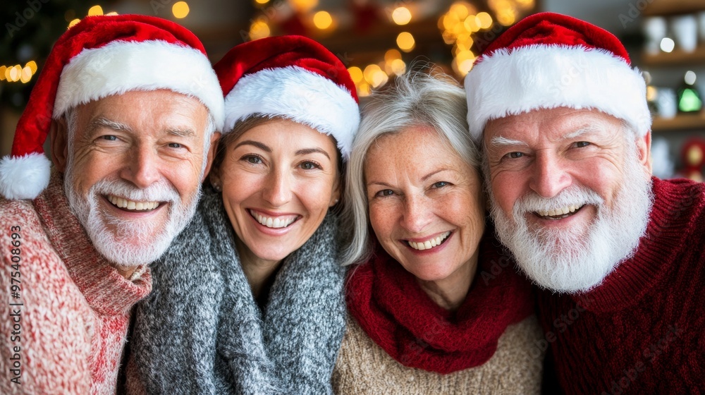 A group of older adults, all smiling and wearing Santa hats, enjoying the holiday season together with Christmas lights in the background. A group of older adults, all smiling and wearing Santa hats, enjoying the holiday season together with Christmas lights in the background.