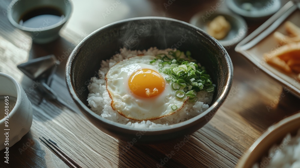 Asian-style breakfast with steamed eggs, soy sauce, and scallions, served with rice and pickled vegetables, minimalist and calming Zen atmosphere Asian-style breakfast with steamed eggs, soy sauce, and scallions, served with rice and pickled vegetables, minimalist and calming Zen atmosphere