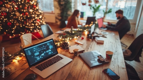 Christmas-themed office workspace with laptops, papers, and festive decorations, as employees work on projects in a cozy, decorated environment.