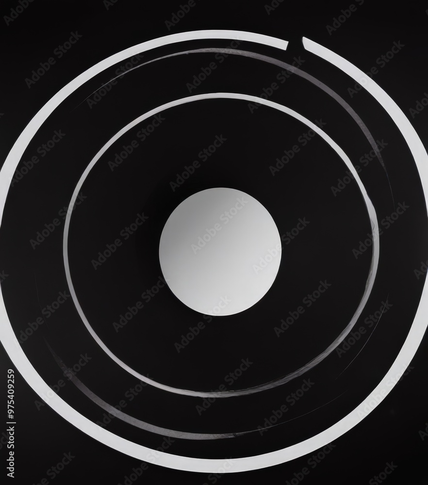 The image is a black and white photograph featuring a circular pattern with a white circle in the center, surrounded by concentric white lines. The image is a black and white photograph featuring a circular pattern with a white circle in the center, surrounded by concentric white lines.